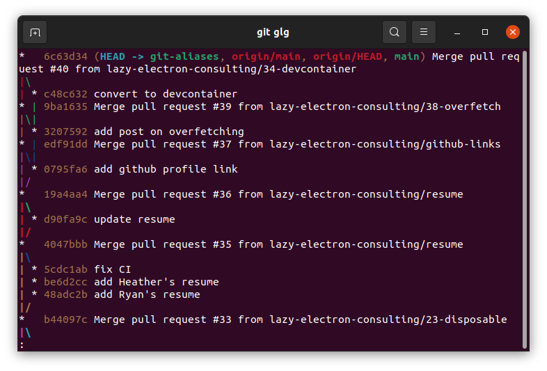 screenshot of git glg showing colorful output